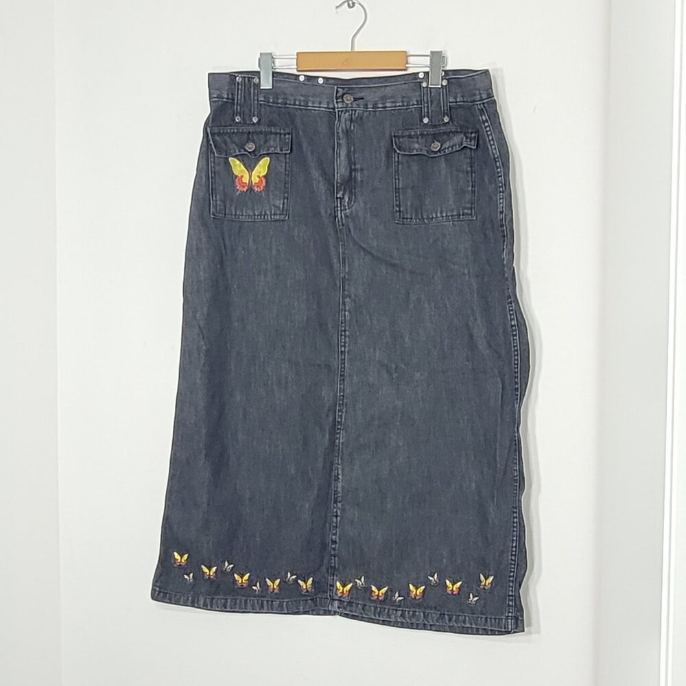 Fancy Denim Vintage Black 100% Cotton Butterfly Embroidered Denim Skirt Large
